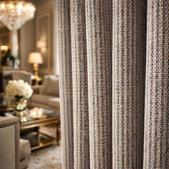 Art Deco Linen Drapery Curtains: Extra Long Modern Panels