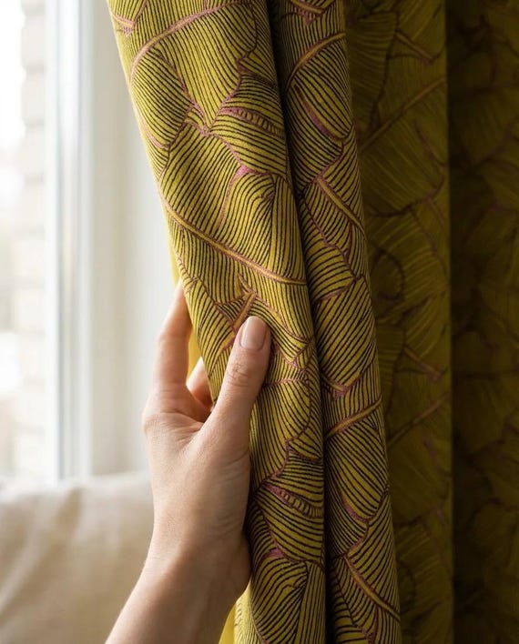 Geometric Leaf Drapery Curtains: Art Deco Curtain Panel Pair