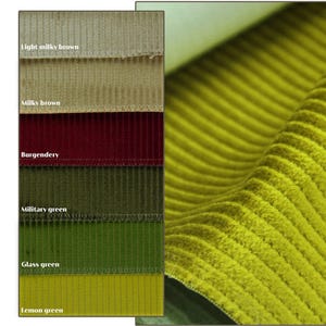 Bright green ribbed velvet upholstery fabric close-up, vertical swatches showing olive and jewel tones