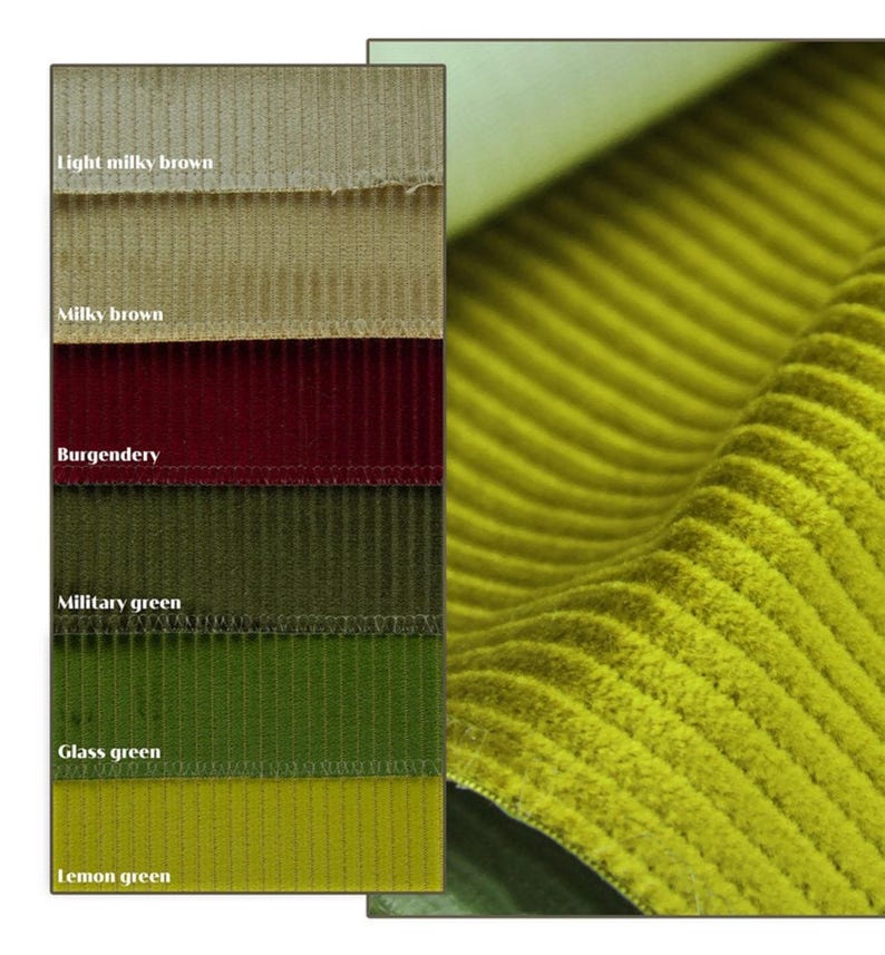 Bright green ribbed velvet upholstery fabric close-up, vertical swatches showing olive and jewel tones