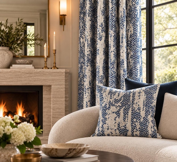 Blue Geometric Linen Curtains, Textured Linen Drapes, Custom Window Panels, Modern Luxury Home Decor