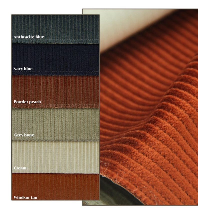 Rust close-up of ribbed velvet upholstery fabric, beside a color chart for velvet fabric for chairs