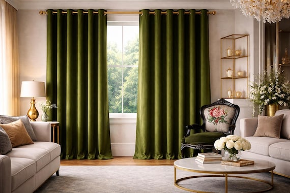 Green Velvet Curtain Panel: Custom Window Drapery
