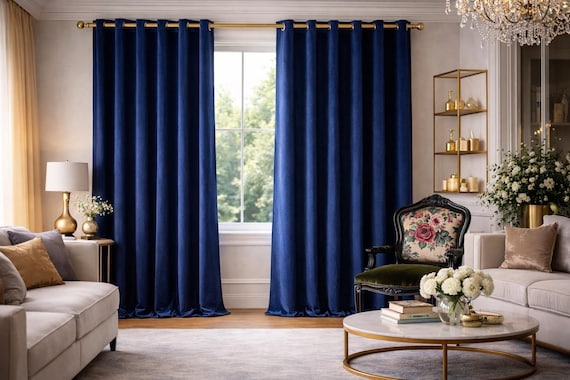 Blue Velvet Curtain Panel: Art Deco Style Drapery
