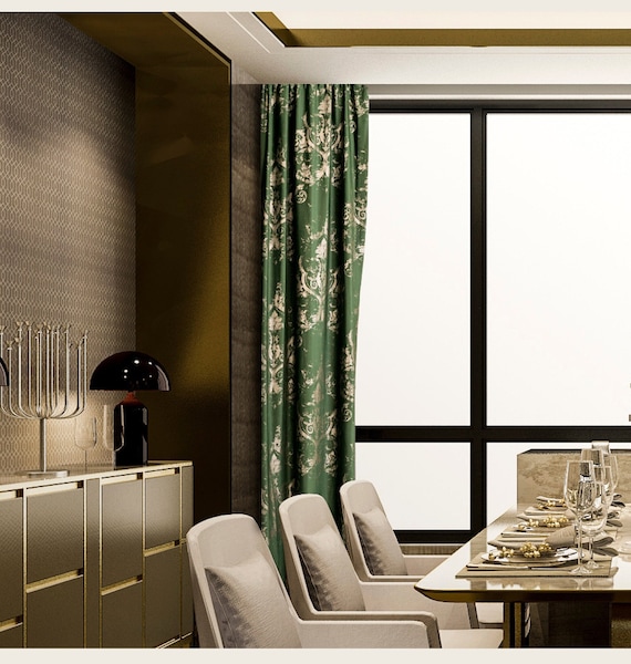 Damask Velvet Drapery Curtains: Art Deco Style, Extra Long Panel