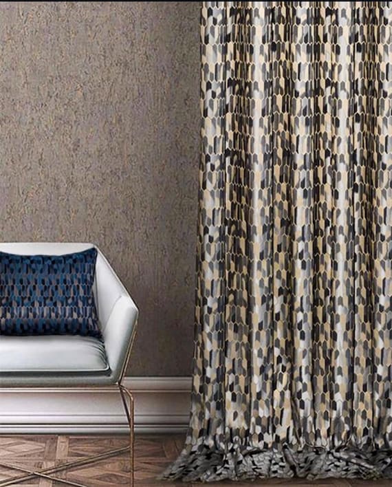 Geometric Art Deco Drapery Curtains: Luxury Turkish Fabric, Custom Length