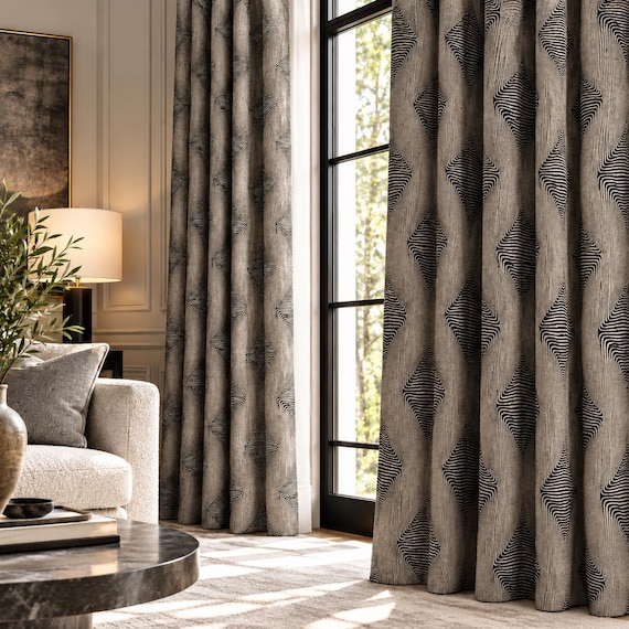 Custom Art Deco Curtains, Geometric Linen Drapes, Made to Measure Luxury Curtains, Modern Living Room Drapery