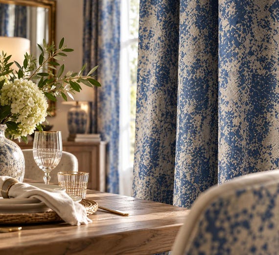 Art Deco Curtains, Extra Long Window Panels, Jacquard Linen Look with Grommet Tops