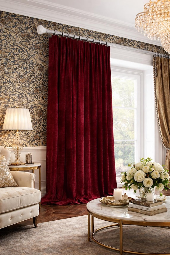 Burgundy Velvet Curtains: Art Deco Style - Soft Touch Drape Panel Pair
