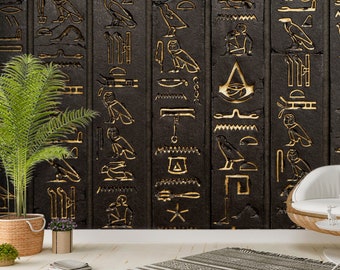 3D Wallpaper Big Gold Egyptian Hieroglyphs on Brown Wall Peel and Stick