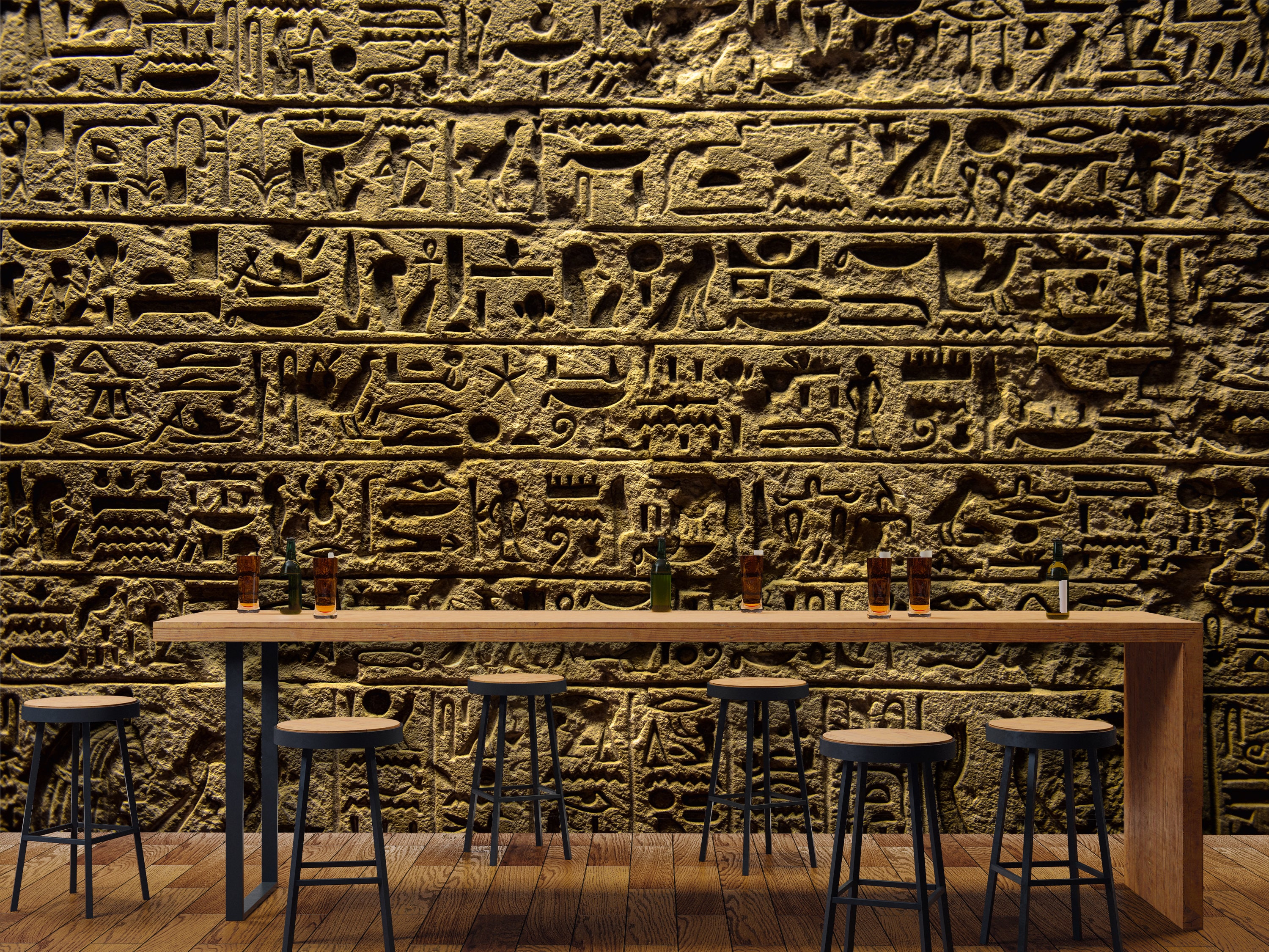 Egyptian Symbols in Stone: Yellow Wall Self-Adhesive Wallpaper with Hieroglyphic Designs