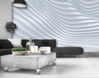 White 3D Wave Wallpaper Mural | Abstract Minimalist Peel and Stick Wallpaper | Trendy Self Adhesive Temporary Accent Wall Design