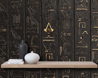 3D Wallpaper Egyptian Hieroglyphs Yellow on Dark Stone Peel and Stick