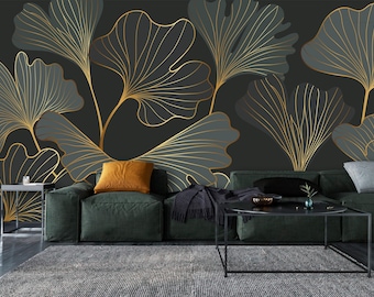 Wallpaper Floral Large Yellow and Grey Leaves Wall Art Mural Best Seller