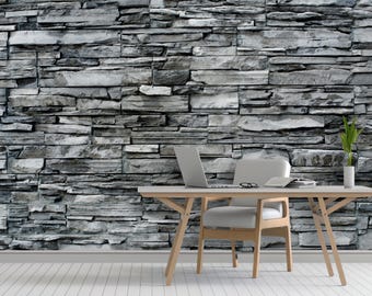 Realistic Stacked Stone Wallpaper | Peel and Stick, Rustic Wall Mural (Removable)