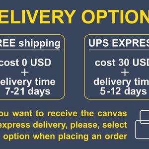 two delivery options for shipping a canvas: free shipping with a cost of 0 USD and UPS Express with a cost of 30 USD plus delivery time of 7-21 days, and free shipping with a cost of 30 USD plus delivery time of 5-12 days. The text indicates that the canvas should be selected by express delivery when placing an order.
