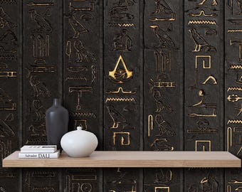 3D Wallpaper Egyptian Hieroglyphs Yellow on Dark Stone Peel and Stick