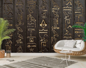 3D Wallpaper Big Gold Egyptian Hieroglyphs on Brown Wall Peel and Stick