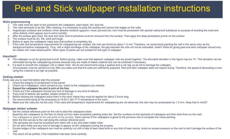 installation instructions for Peel and Stick wallpaper, including details on the process of preparing the walls, applying the wallpaper, and ensuring a smooth finish.
