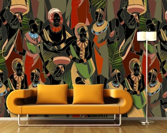 African Women Mural Wallpaper: National Clothes Vinyl Wall Decor