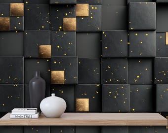 Black and Gold Geometric Wallpaper – 3D Cube Mural, Peel and Stick