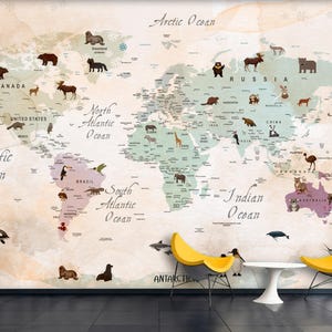 Colorful Kids World Map Mural - Fun and Educational Peel and Stick Wallpaper