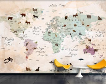 Colorful Kids World Map Mural - Fun and Educational Peel and Stick Wallpaper