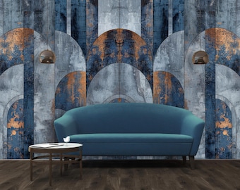 Geometric Arch Wall Mural – Blue Grey Rust Concrete Texture Wallpaper (Removable)