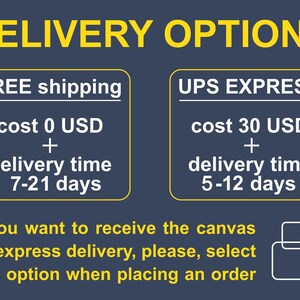 two delivery options for shipping a canvas: free shipping with a cost of 0 USD and UPS Express with a cost of 30 USD plus delivery time of 7-21 days, and free shipping with a cost of 30 USD plus delivery time of 5-12 days. The text indicates that the canvas should be selected by express delivery when placing an order.