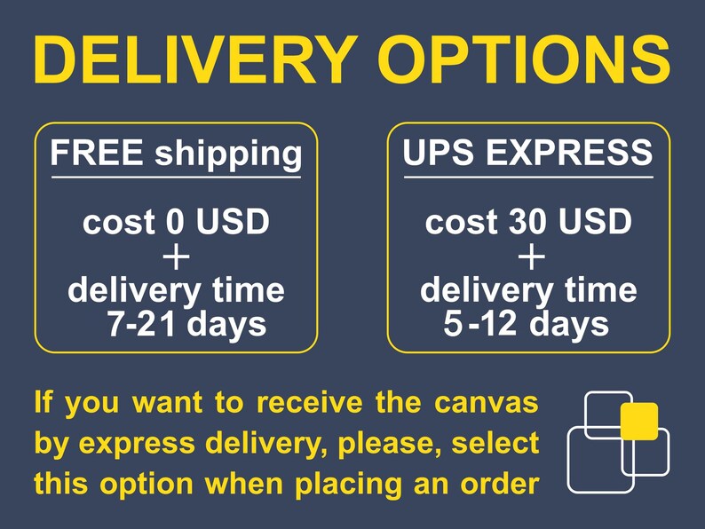 two delivery options for shipping a canvas: free shipping with a cost of 0 USD and UPS Express with a cost of 30 USD plus delivery time of 7-21 days, and free shipping with a cost of 30 USD plus delivery time of 5-12 days. The text indicates that the canvas should be selected by express delivery when placing an order.