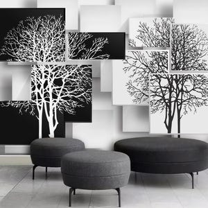 3D-behang Bomen Rechthoeken Zwart Wit Peel and Stick