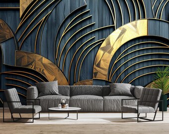 Art Deco Wallpaper: Black and Gold Geometric Glam Mural - Peel & Stick or Non-Woven