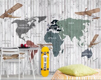 World Map Wallpaper: Multicolor Print on White Wood Texture
