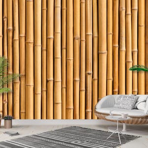 Op de afbeelding: Een bamboe muurachtergrond met lichtbruine tinten. Een witte bank met een rond vlechtwerkframe staat voor de muur. Een kleine witte tafel en een grijs-wit gestreept tapijt staan op de voorgrond. Potplanten staan links en rechts.