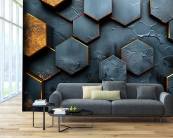Moody Dark Abstract Wall Art, Metallic Bronze and Slate Grey Hexagons, Masculine Office Decor, Self Adhesive Accent Wall Print