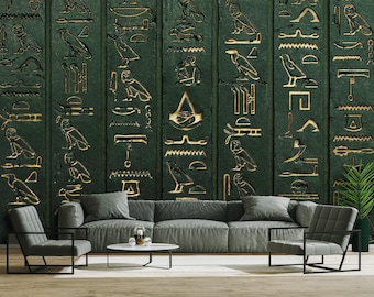 3D Wallpaper Big Gold Egyptian Hieroglyphs on Old Emerald Wall Peel and Stick Best Seller