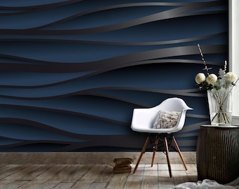 3D Wallpaper Sea Night Dark Blue Wave Wallcovering Art Mural