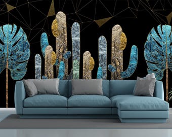 Art Deco Cactus Wallpaper: Gold & Teal Monstera Leaf Peel and Stick Mural