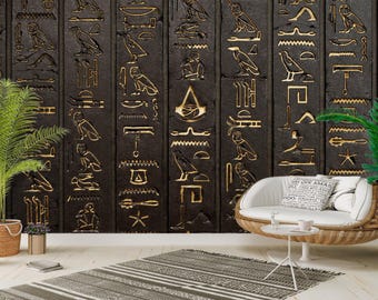 3D Wallpaper Big Gold Egyptian Hieroglyphs on Brown Wall Peel and Stick Best Seller