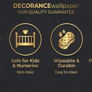The image is a promotional graphic for a wallpaper product, highlighting its eco-friendly, safe, and durable features.