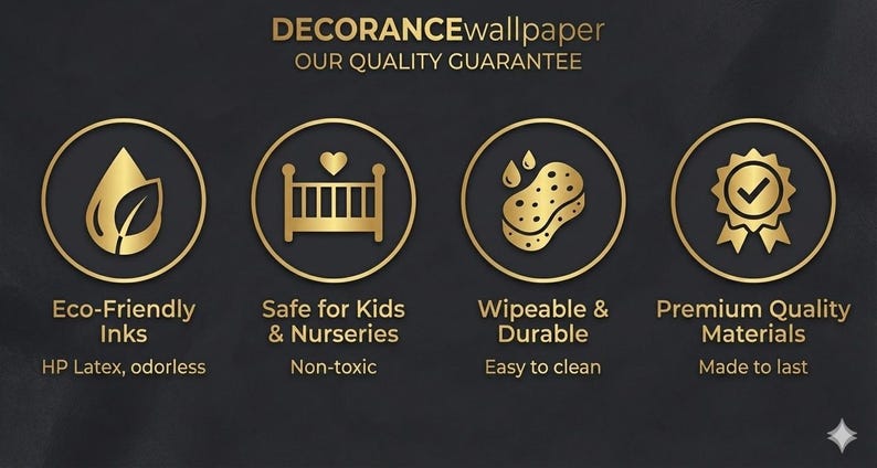 The image is a promotional graphic for a wallpaper product, highlighting its eco-friendly, safe, and durable features.