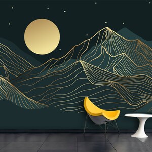Decorazione da parete con paesaggio montano astratto: decalcomania autoadesiva color turchese scuro e oro per una splendida trasformazione della stanza
