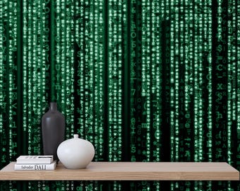 Green Matrix Code Wallpaper Mural: Tech Office Decor