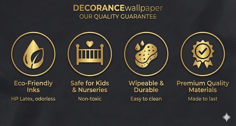 The image is a promotional graphic for a wallpaper product, highlighting its eco-friendly, safe, and durable features.