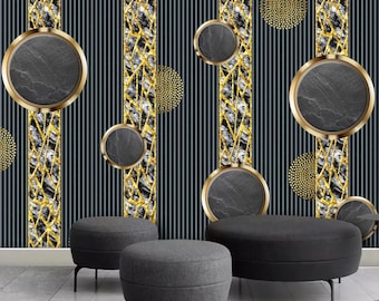 Elegant Black and Gold Wall Mural | Geometric Marble Design | Contemporary Glam Home Decor