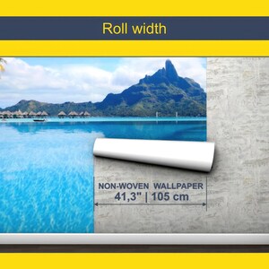 The image is a collage of two pictures. The collage features a beach scene with a mountain in the background, and a roll of non-woven wallpaper with a roll width of 41.3" (105 cm) is shown.