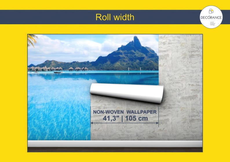 The image is a collage of two pictures. The collage features a beach scene with a mountain in the background, and a roll of non-woven wallpaper with a roll width of 41.3" (105 cm) is shown.