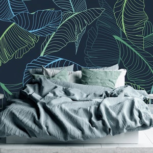 Wallpaper Leaves Abstract on a Blue Background Wallcovering Art Mural