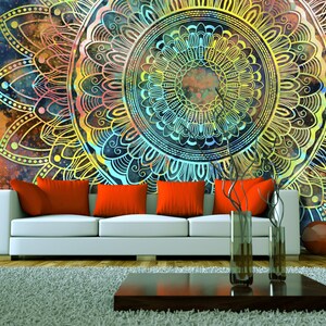 Carta da parati murale con frammento di mandala orientale giallo-blu