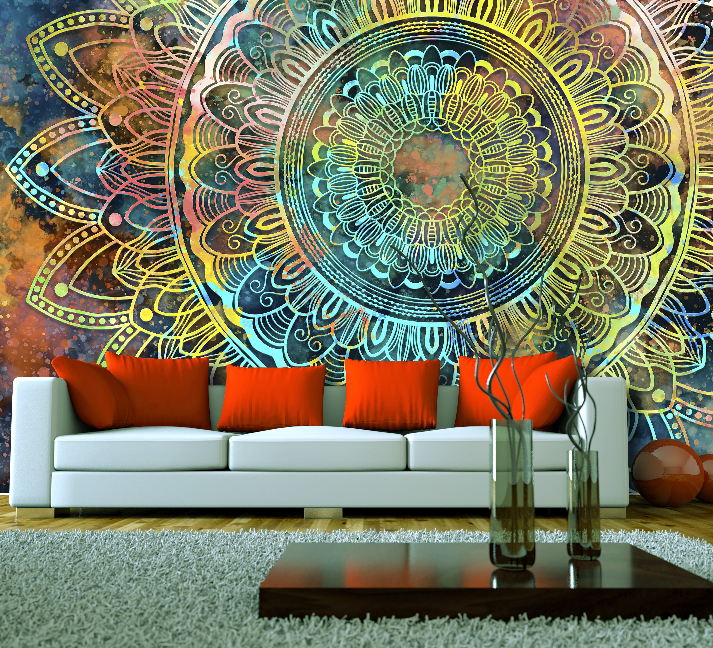Wallpaper Oriental Mandala Fragment Yellow-blue Wall Art Mural - Etsy Wallpaper Oriental Mandala Fragment Yellow-blue Wall Art Mural - Etsy